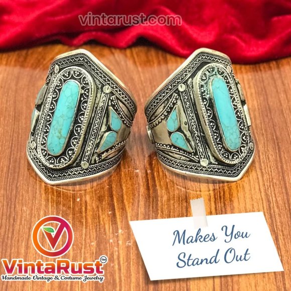 Single Afghan Cuff Turquoise Bracelet, Vintage Tribal Cuff, - Picture 4 of 7